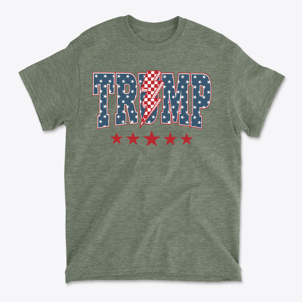 Trump Lightning Bolt Graphic Tee featuring patriotic colors and bold design with stars and stripes.