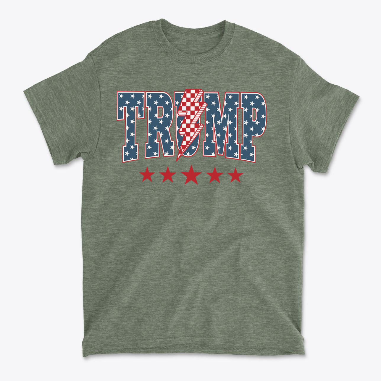 Trump Lightning Bolt Graphic Tee featuring patriotic colors and bold design with stars and stripes.