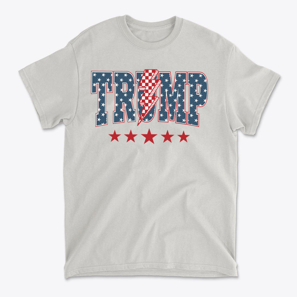 Trump Lightning Bolt Graphic Tee featuring patriotic design with stars and stripes.