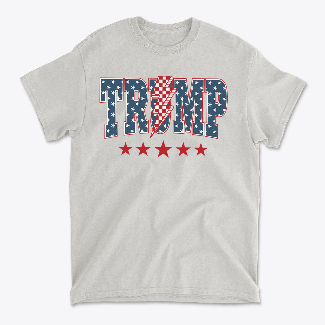 Trump Lightning Bolt Graphic Tee featuring patriotic design with stars and stripes.