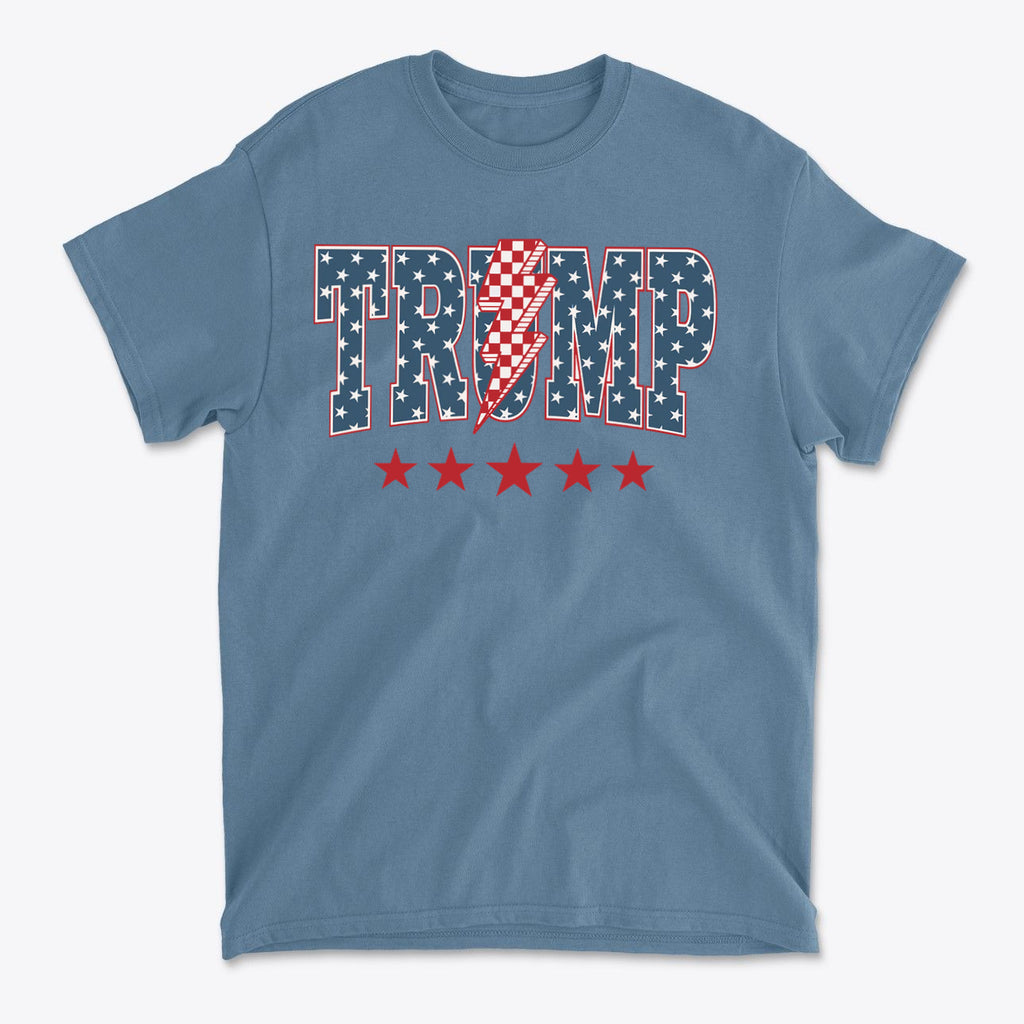 Trump Lightning Bolt Graphic Tee featuring patriotic design with stars and stripes.
