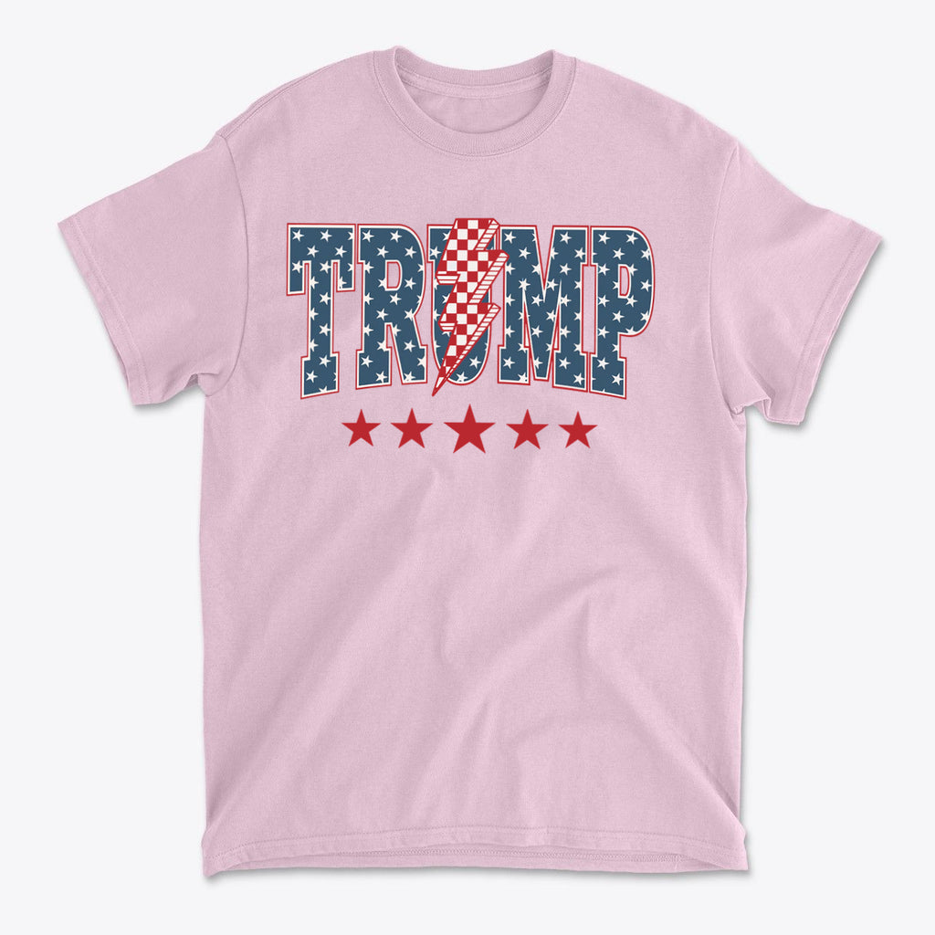 Trump Lightning Bolt Graphic Tee featuring patriotic design with stars and stripes in bold colors.