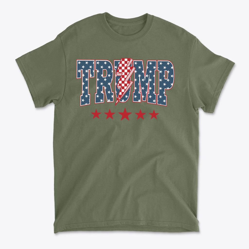 Trump Lightning Bolt Graphic Tee featuring patriotic colors and stars design.