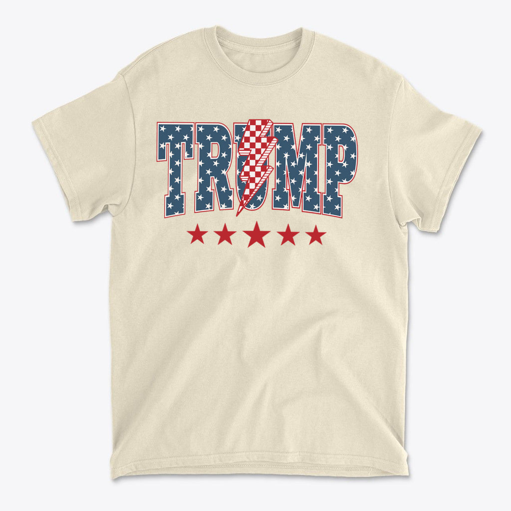 Trump Lightning Bolt Graphic Tee featuring patriotic design with red stars and lightning bolt pattern.