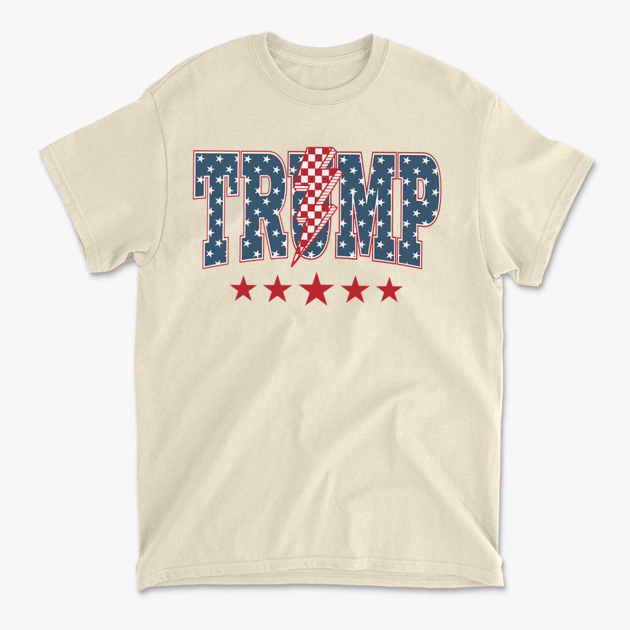 Trump Lightning Bolt Graphic Tee featuring patriotic design with red stars and lightning bolt pattern.