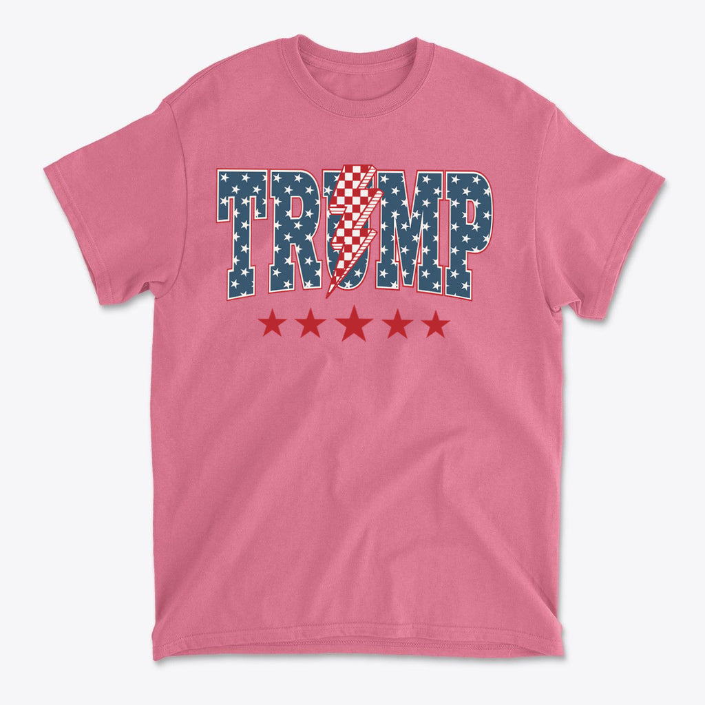 Trump Lightning Bolt Graphic Tee featuring patriotic design with stars and stripes.