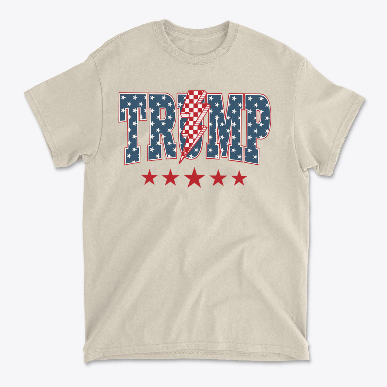 Trump Lightning Bolt Graphic Tee with stars and stripes design in red, white, and blue.