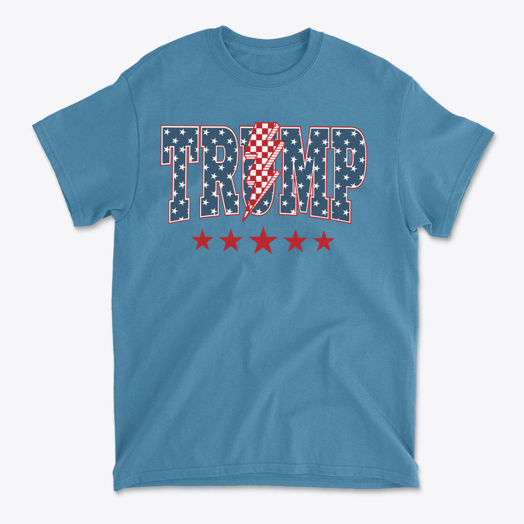 Trump Lightning Bolt Graphic Tee featuring patriotic design with stars and lightning bolt.