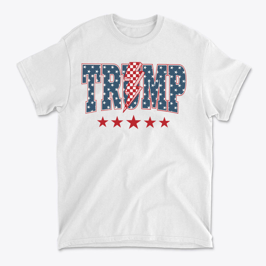 Trump Lightning Bolt Graphic Tee featuring patriotic colors and bold design with stars and stripes.
