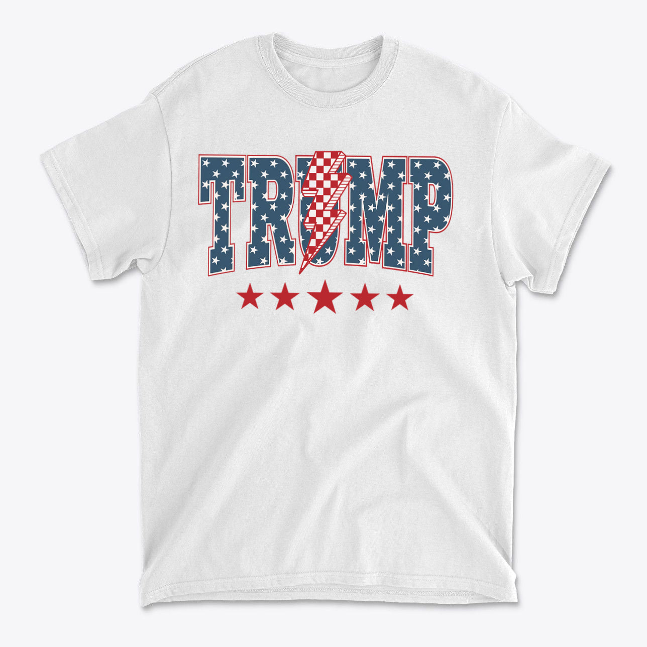 Trump Lightning Bolt Graphic Tee featuring patriotic colors and bold design with stars and stripes.