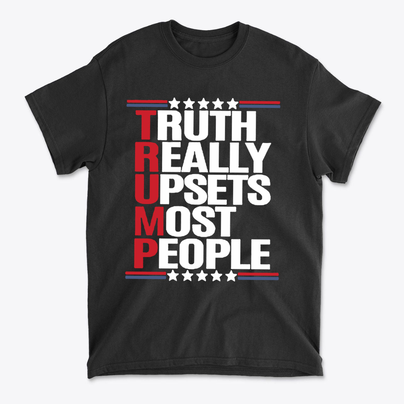 Black t-shirt with bold text stating 'Truth Really Upsets Most People' alongside the word 'TRUMP'.