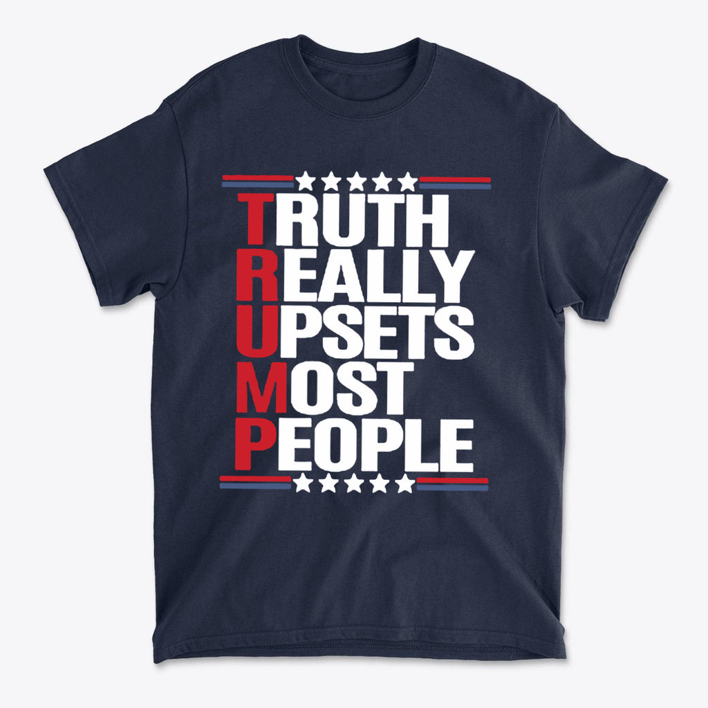 Truth Really Upsets Most People navy t-shirt featuring bold text and patriotic design.