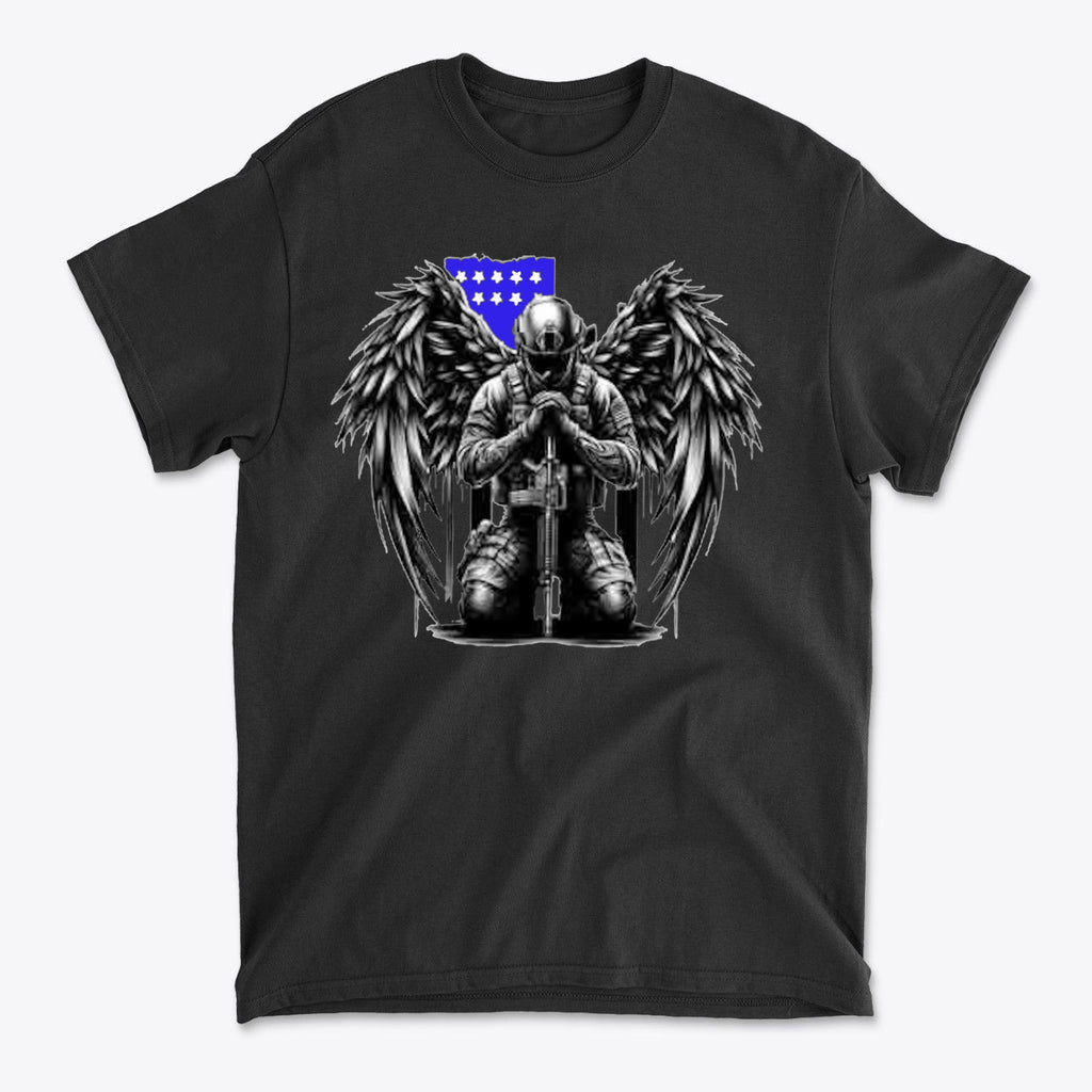 Stylish Veteran With Wings Tee featuring an angelic figure with wings and a blue flag design.