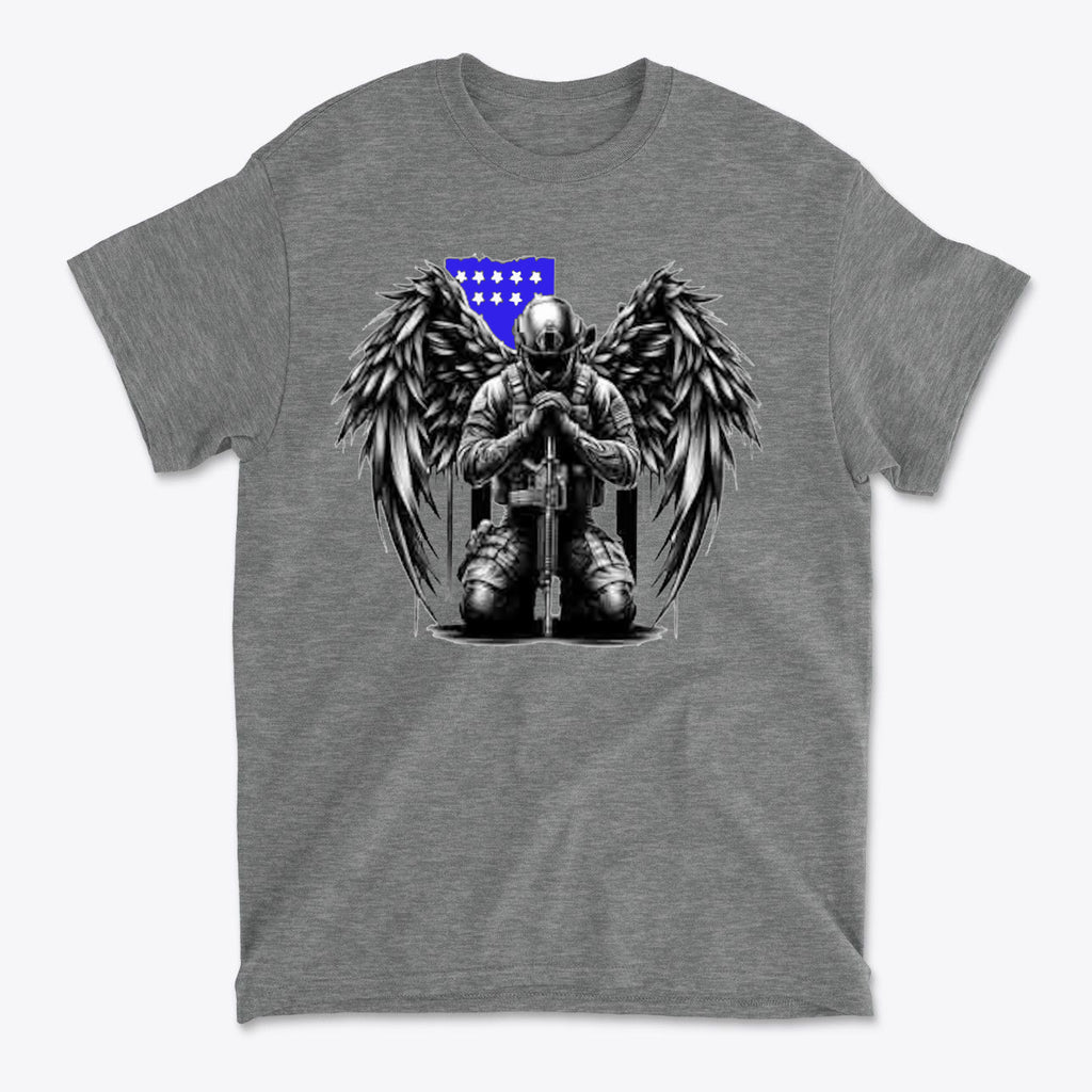 Stylish Veteran With Wings Tee featuring a soldier kneeling with angel wings and a flag design.