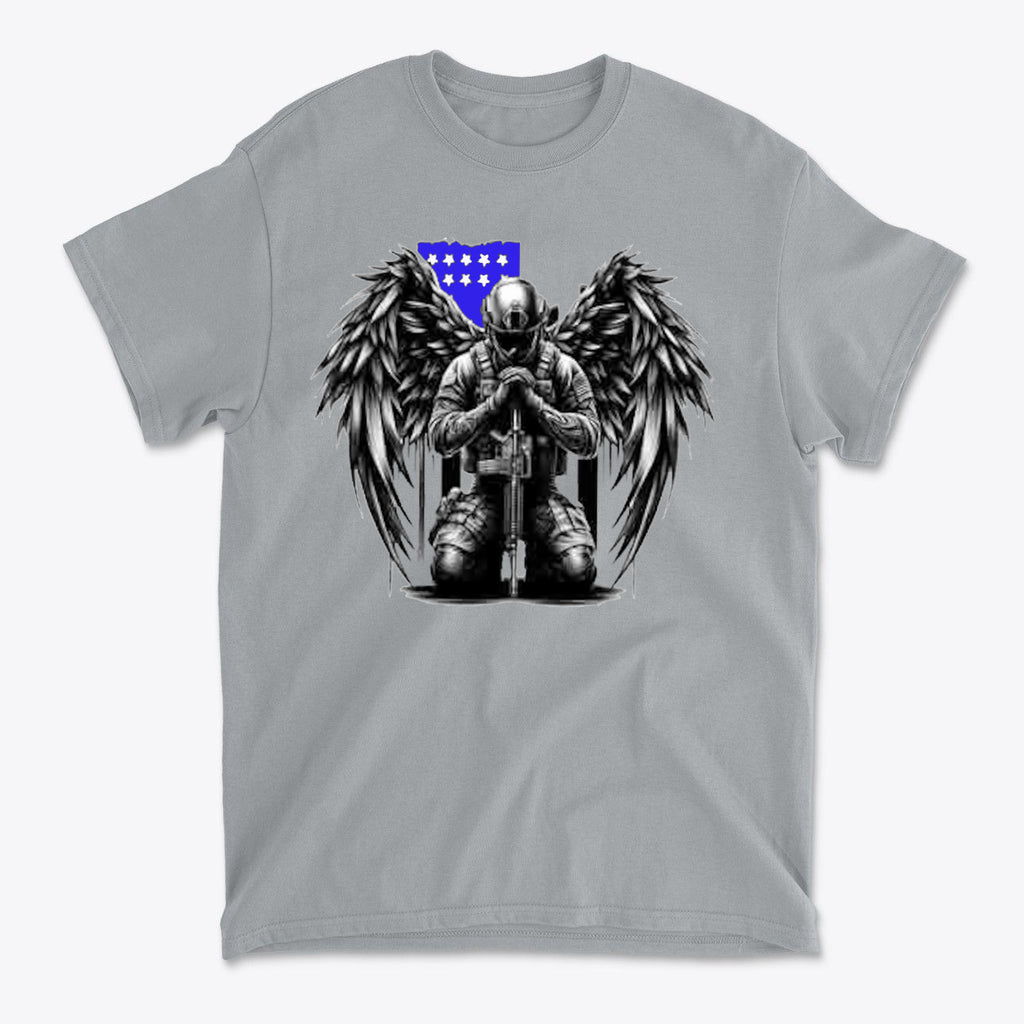 Stylish Veteran With Wings Tee featuring a kneeling figure with angel wings and a blue flag design.