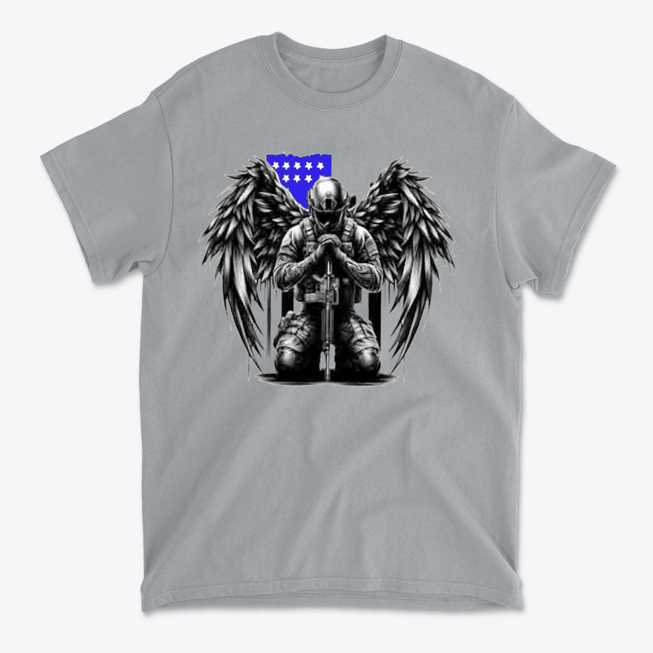Stylish Veteran With Wings Tee featuring a kneeling figure with angel wings and a blue flag design.