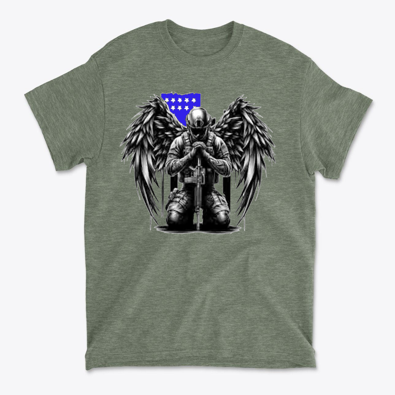 Stylish Veteran With Wings Tee featuring an angelic figure kneeling with wings and a blue flag design.