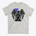Stylish Veteran With Wings Tee featuring an angelic soldier with wings kneeling in front of a blue and white flag.