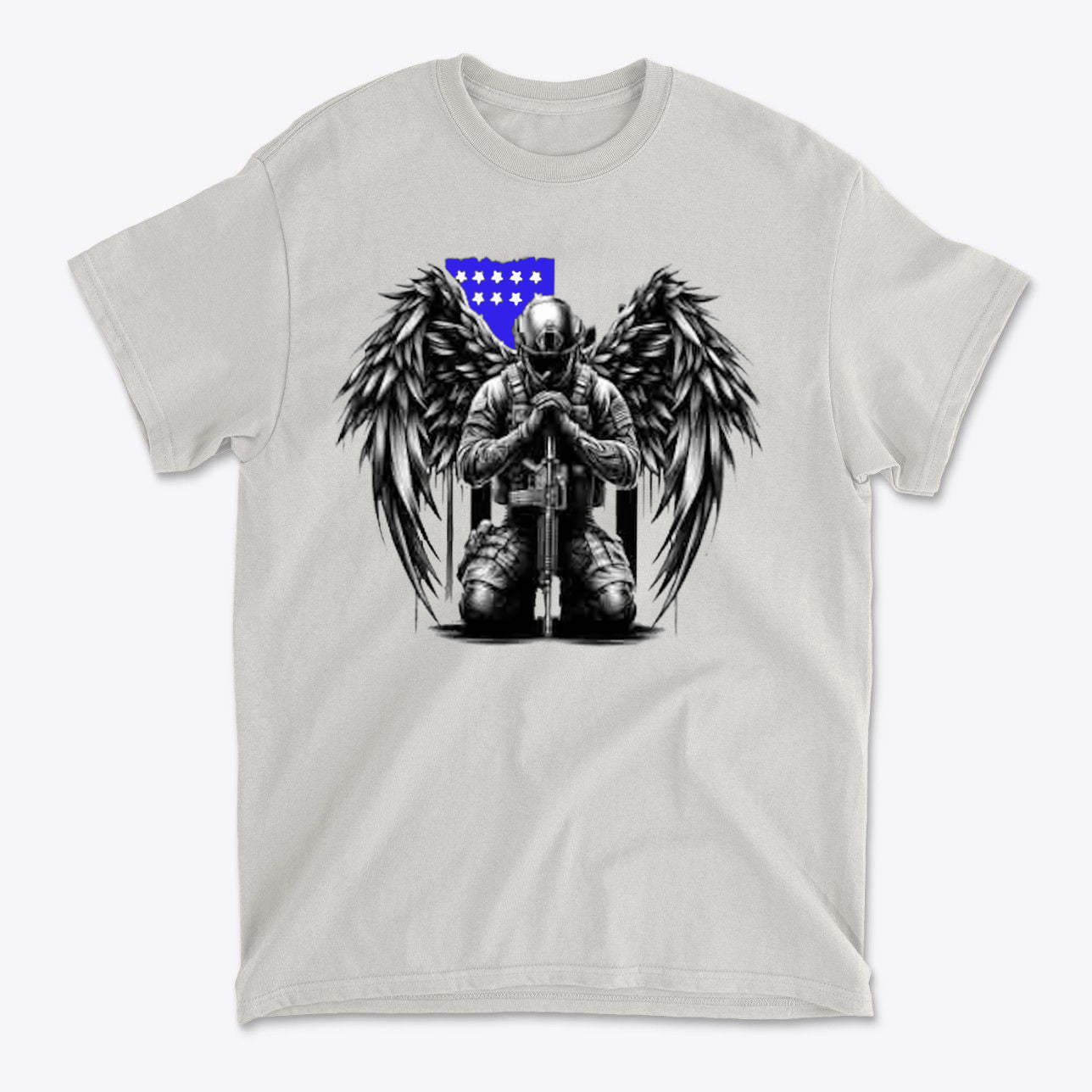 Stylish Veteran With Wings Tee featuring an angelic soldier with wings kneeling in front of a blue and white flag.