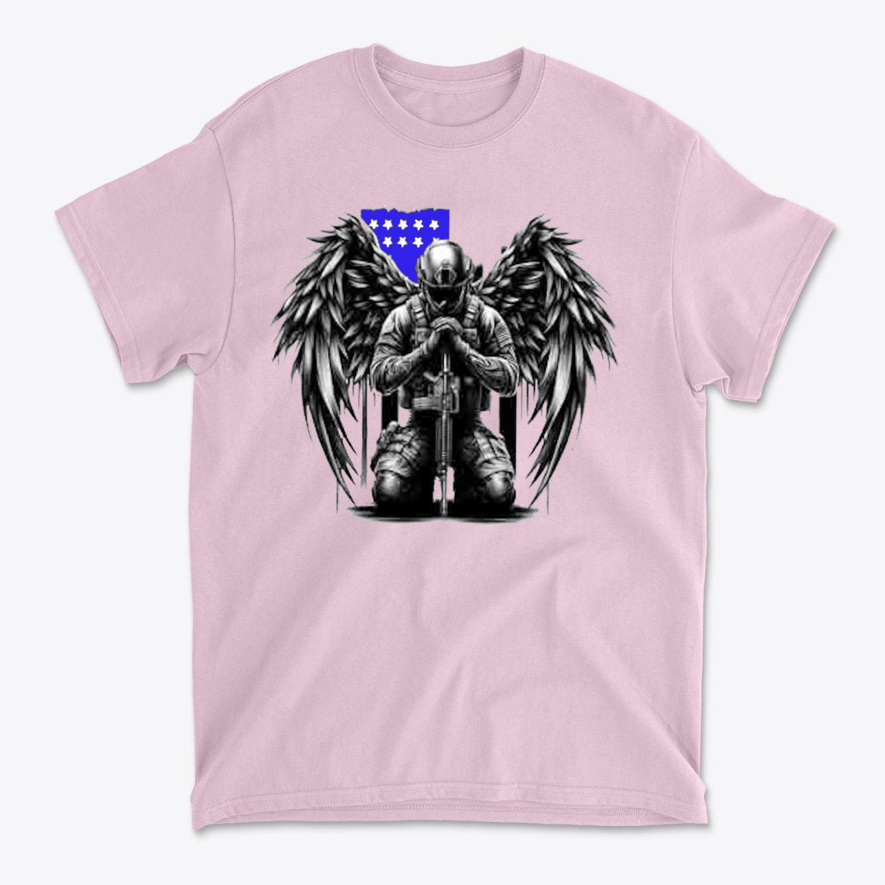 Stylish Veteran With Wings Tee featuring a design of a soldier kneeling with angel wings and an American flag.