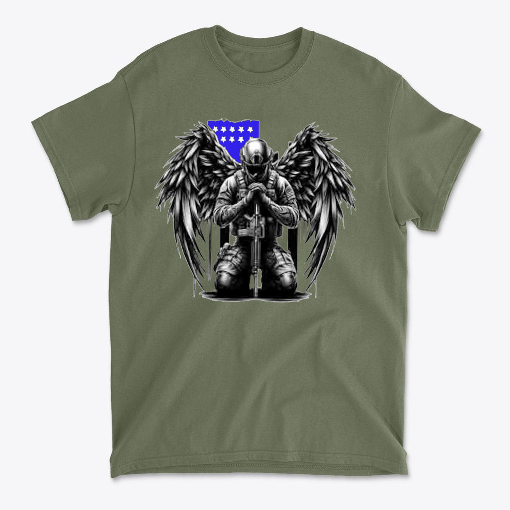 Stylish Veteran With Wings Tee featuring an angelic figure with wings kneeling in tribute.