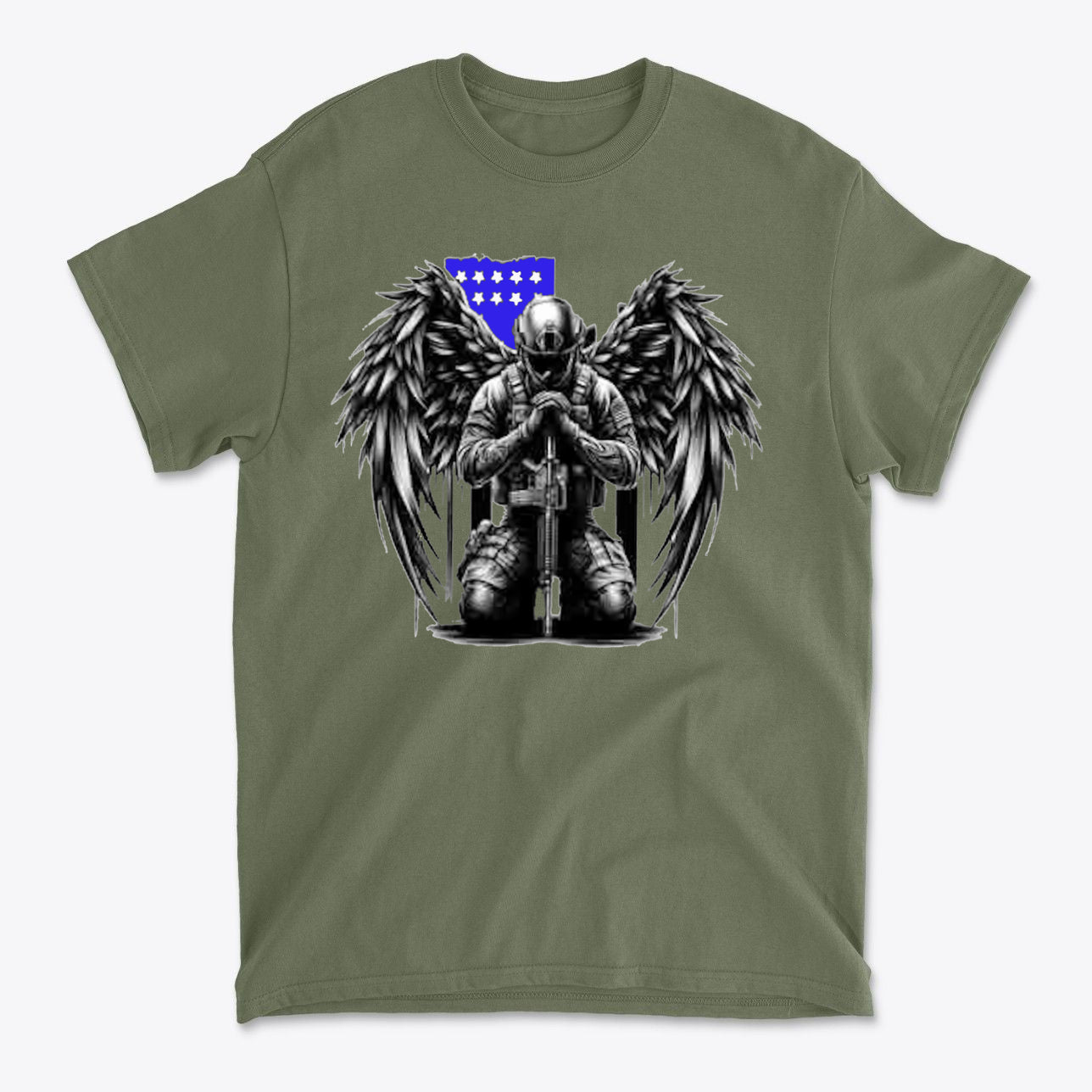 Stylish Veteran With Wings Tee featuring an angelic figure with wings kneeling in tribute.