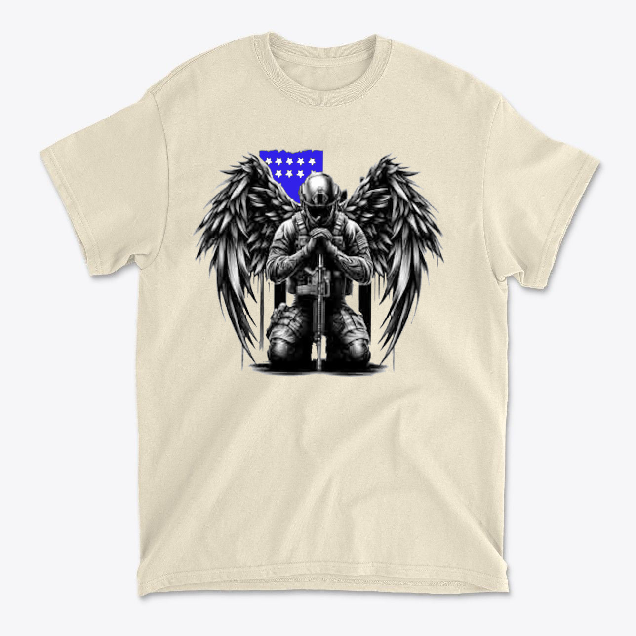 Stylish Veteran With Wings Tee featuring a kneeling figure with angel wings and a blue flag background.