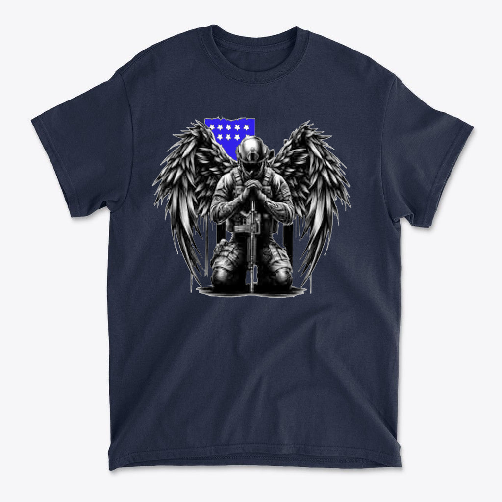 Stylish Veteran With Wings Tee featuring a soldier with wings kneeling in prayer.
