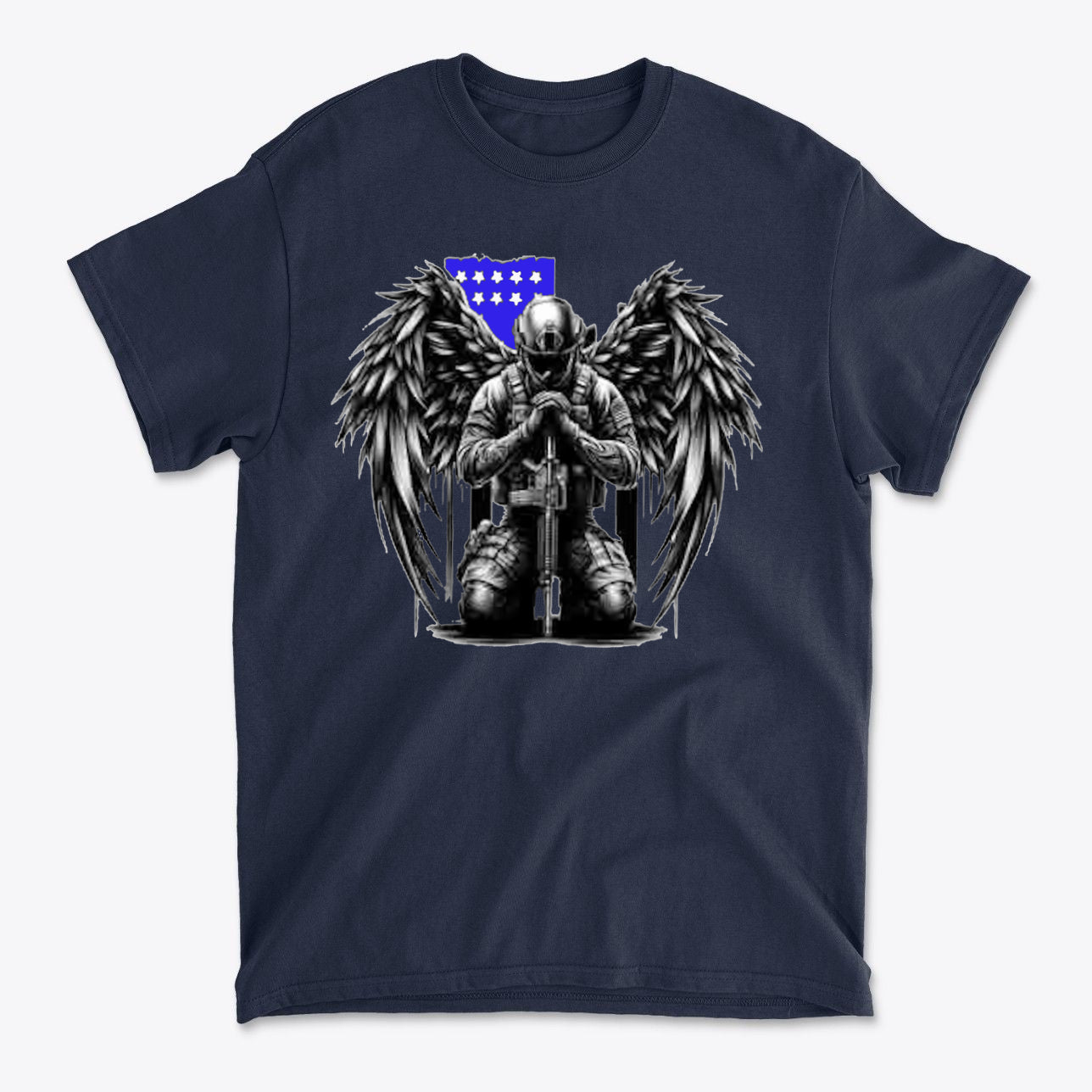 Stylish Veteran With Wings Tee featuring a soldier with wings kneeling in prayer.