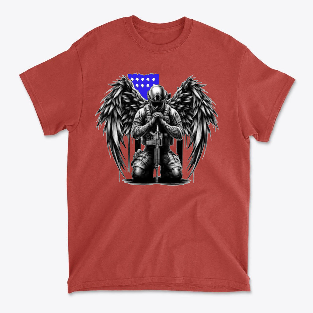 Stylish Veteran With Wings Tee featuring a praying figure with wings and American flag design.