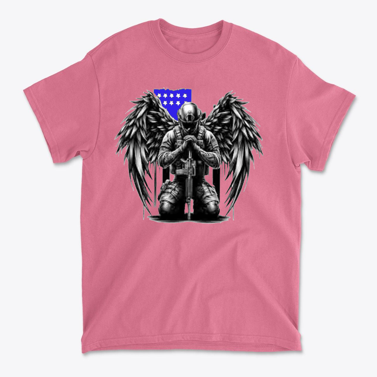 Stylish Veteran With Wings Tee featuring a kneeling figure with angel wings and American flag background