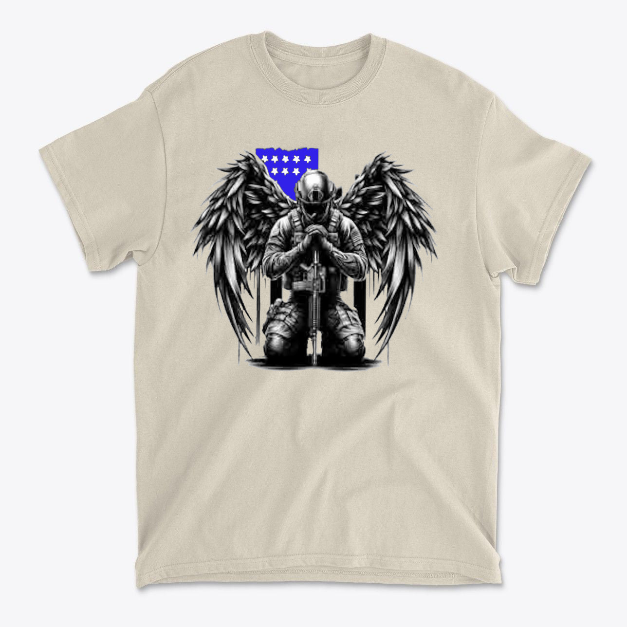 Stylish Veteran With Wings Tee featuring a soldier kneeling with angel wings and a blue stars background.