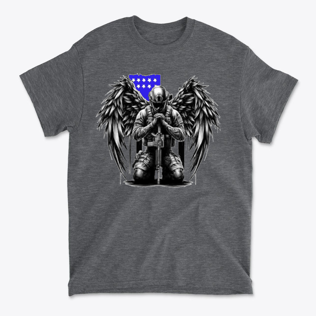 Stylish Veteran With Wings Tee featuring a figure with angel wings kneeling in prayer.