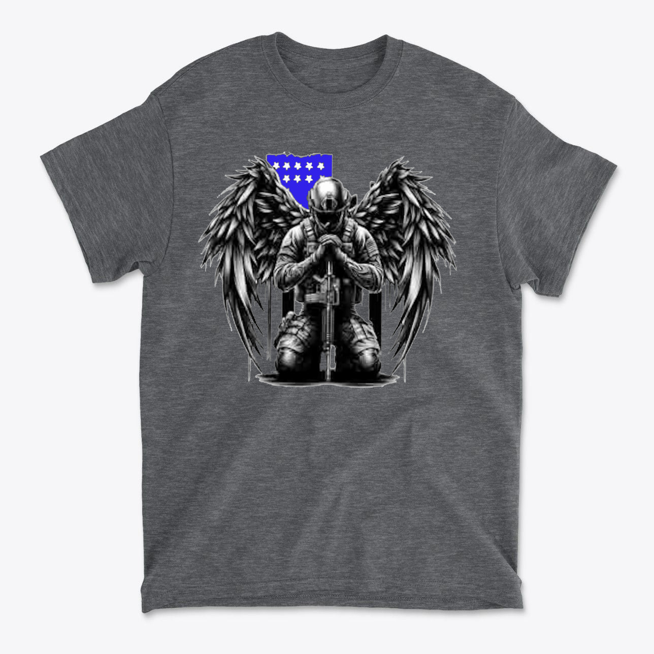 Stylish Veteran With Wings Tee featuring a figure with angel wings kneeling in prayer.