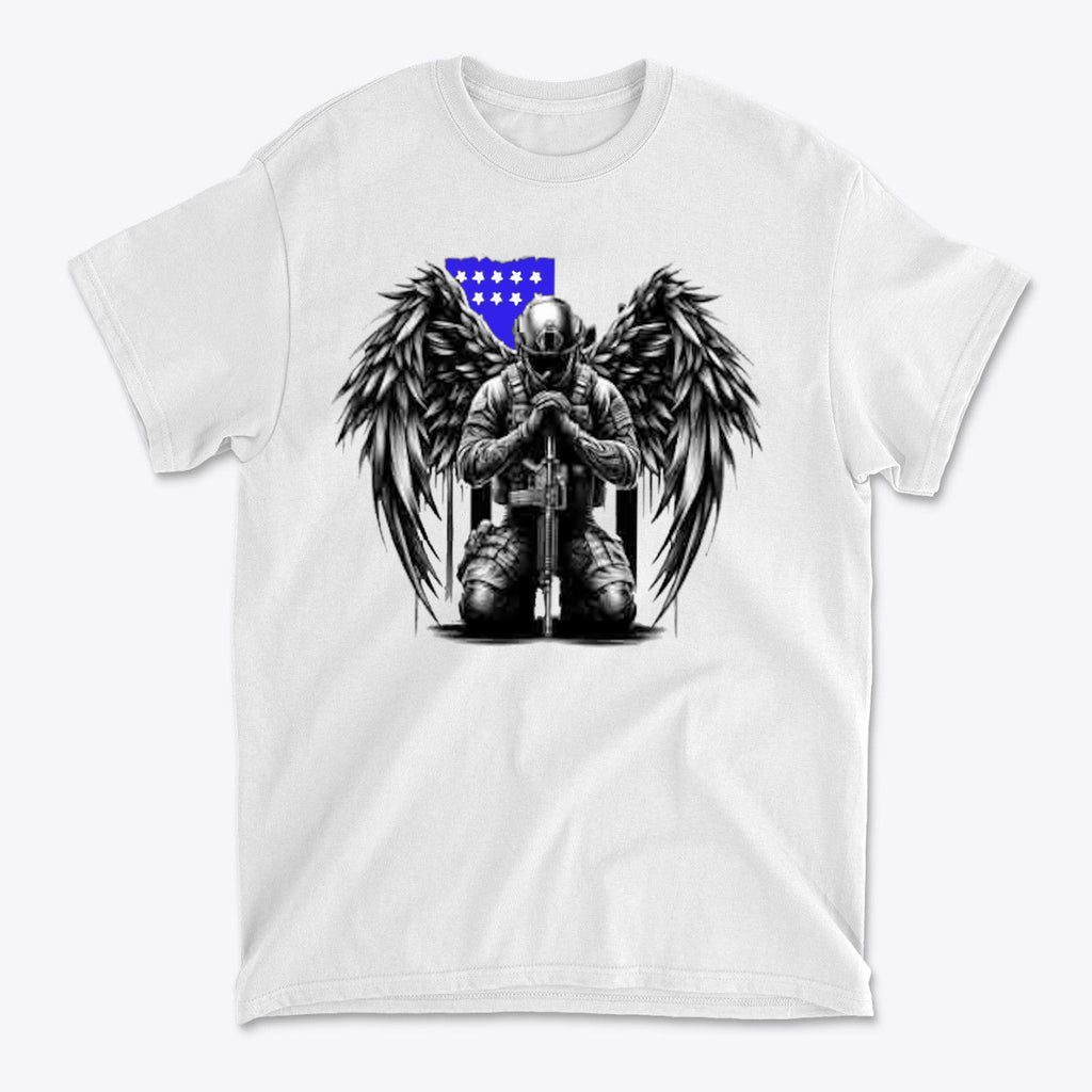 Stylish Veteran With Wings Tee featuring an angelic soldier design with wings, honoring heroes and traditional values.