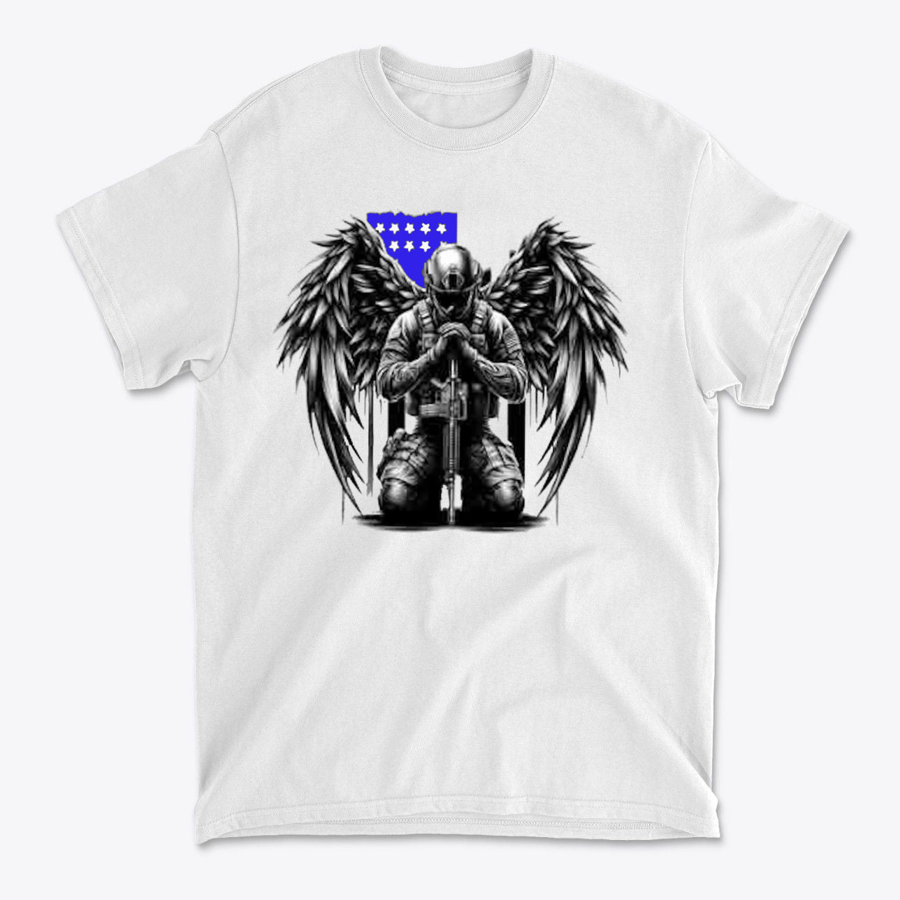 Stylish Veteran With Wings Tee featuring an angelic soldier design with wings, honoring heroes and traditional values.