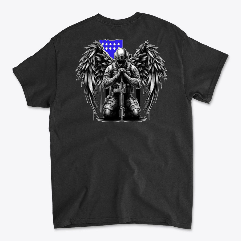 Back view of the Veteran With Wings Back Art Tee featuring a soldier with angel wings and a flag emblem.