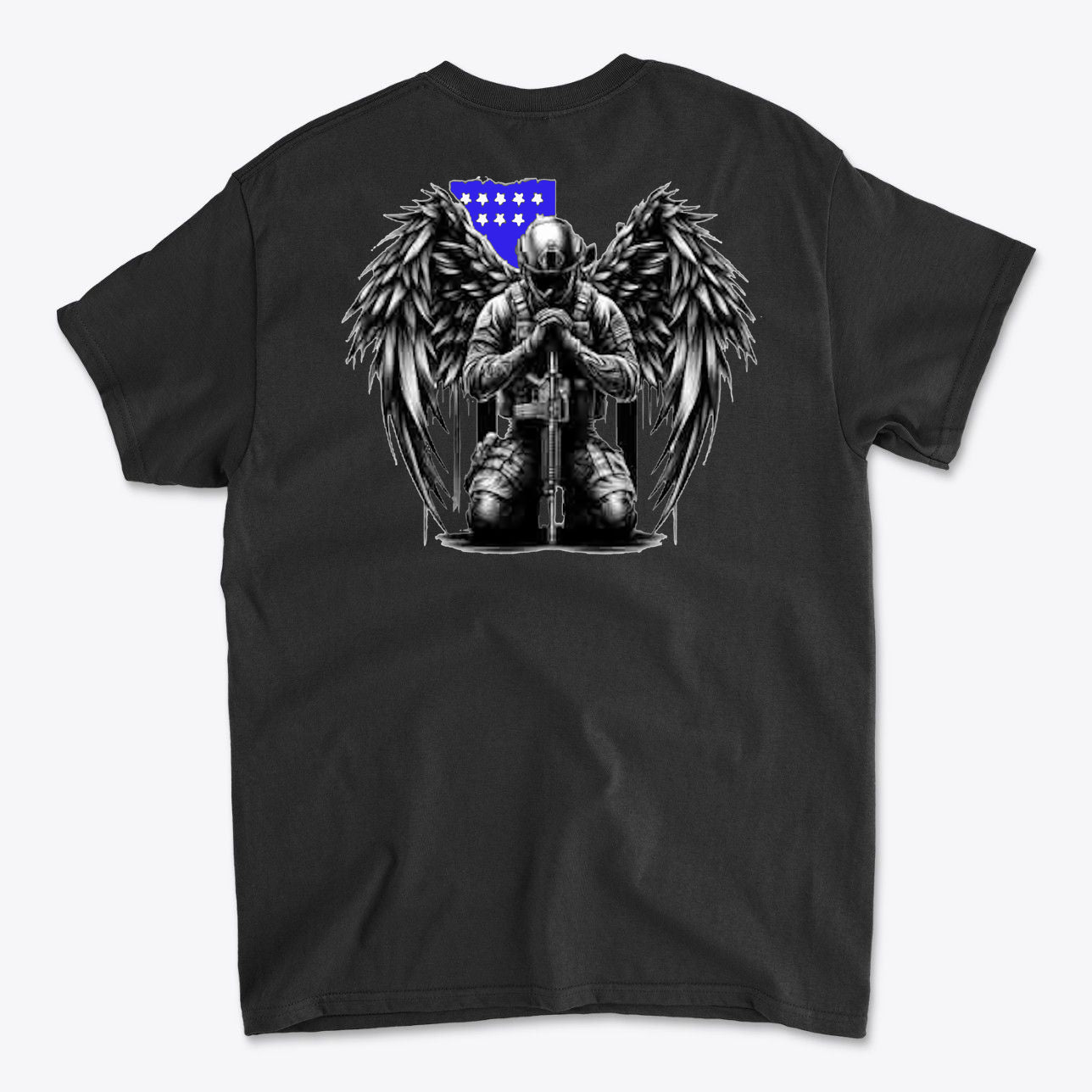 Back view of the Veteran With Wings Back Art Tee featuring a soldier with angel wings and a flag emblem.