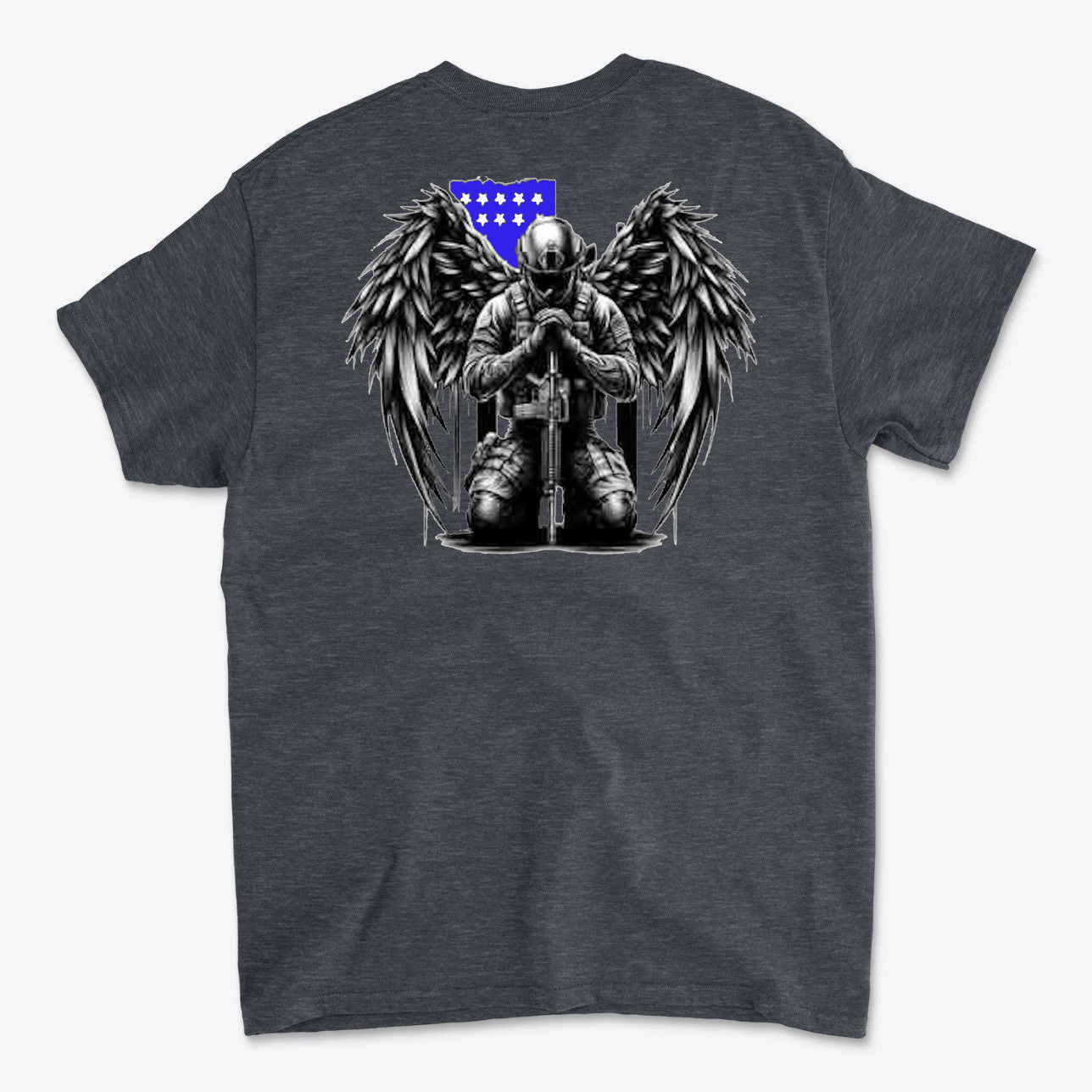 Veteran With Wings Back Art Tee featuring an artistic design of a soldier with wings kneeling.