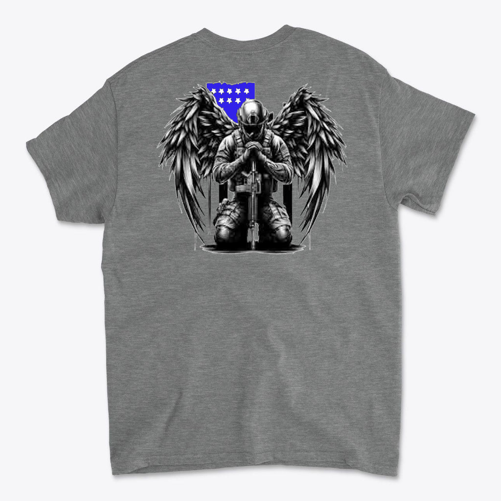 Veteran With Wings Back Art Tee featuring an illustration of a soldier with angel wings kneeling.