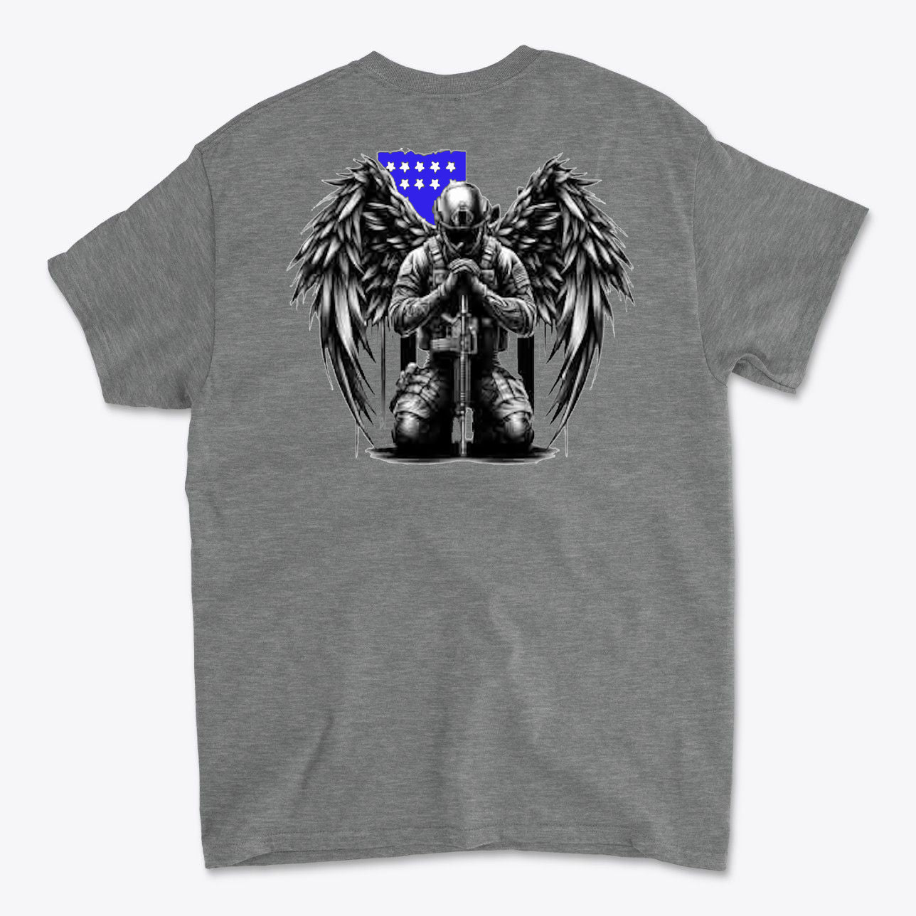 Veteran With Wings Back Art Tee featuring an illustration of a soldier with angel wings kneeling.