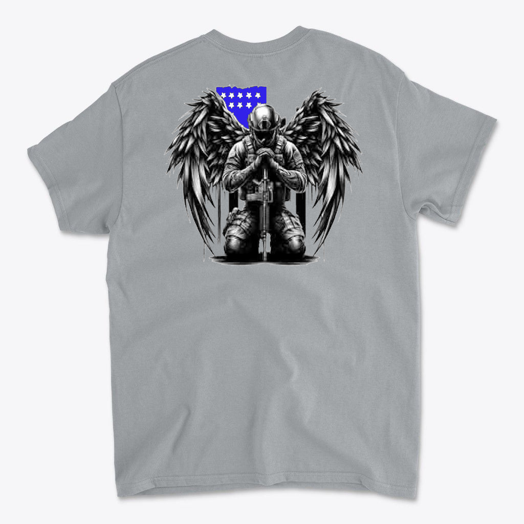 Veteran With Wings Back Art Tee featuring a soldier with wings and American flag design on a grey t-shirt.