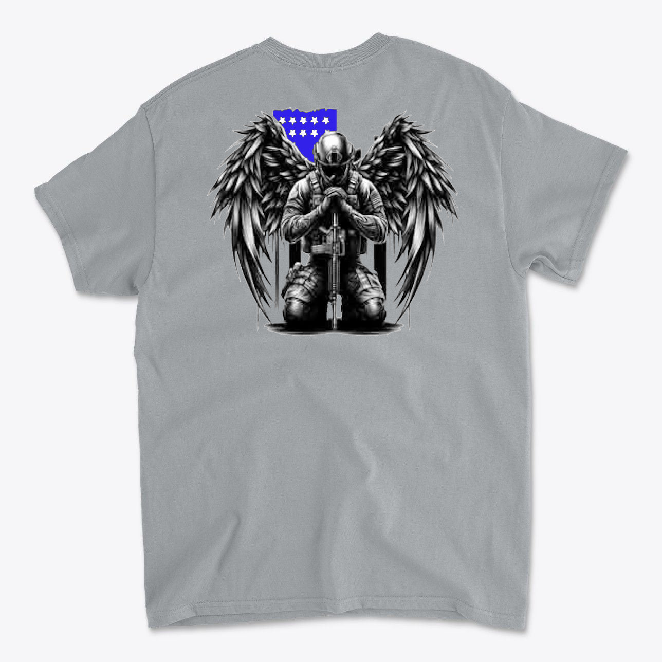 Veteran With Wings Back Art Tee featuring a soldier with wings and American flag design on a grey t-shirt.