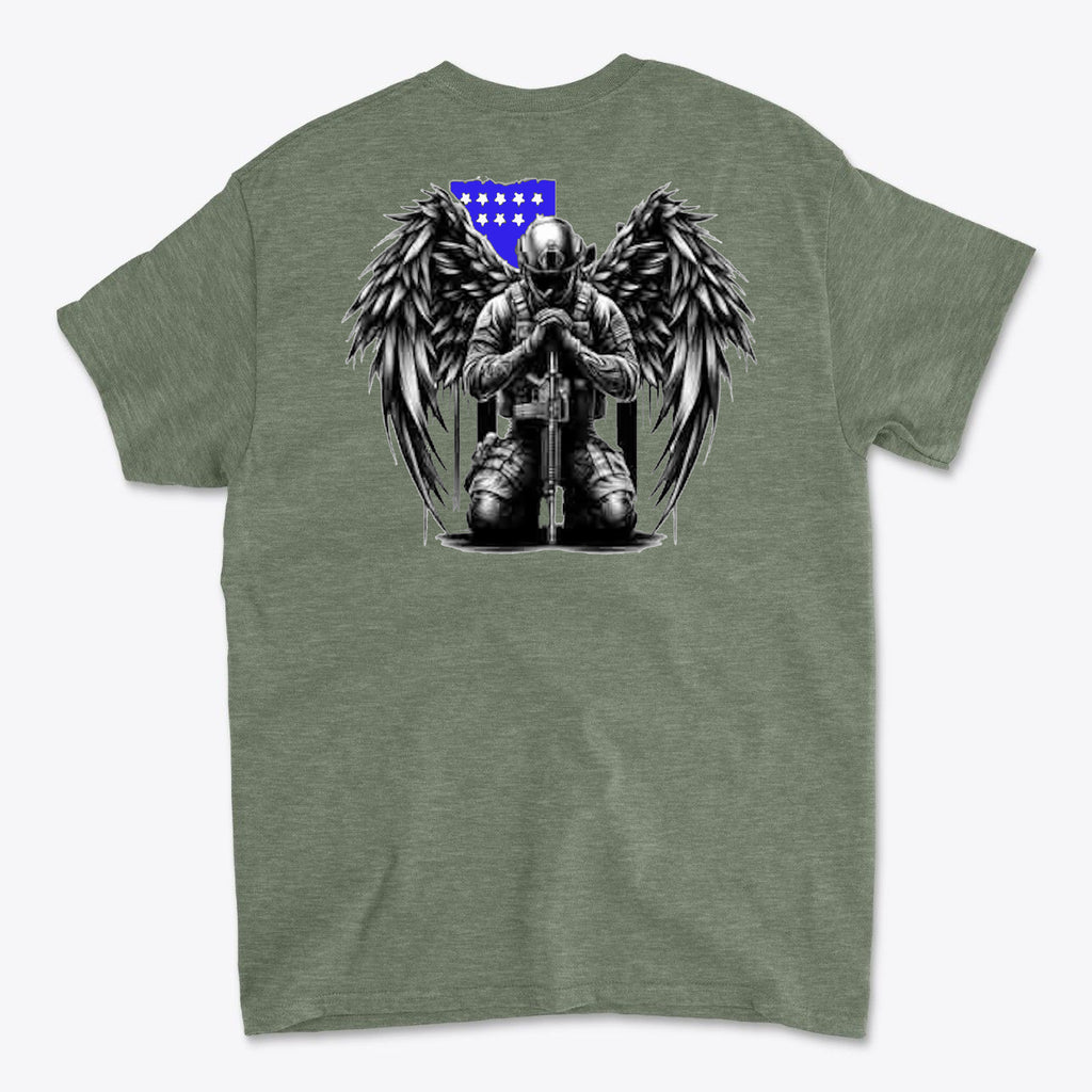 Veteran With Wings Back Art Tee featuring a soldier with angel wings in a patriotic design.
