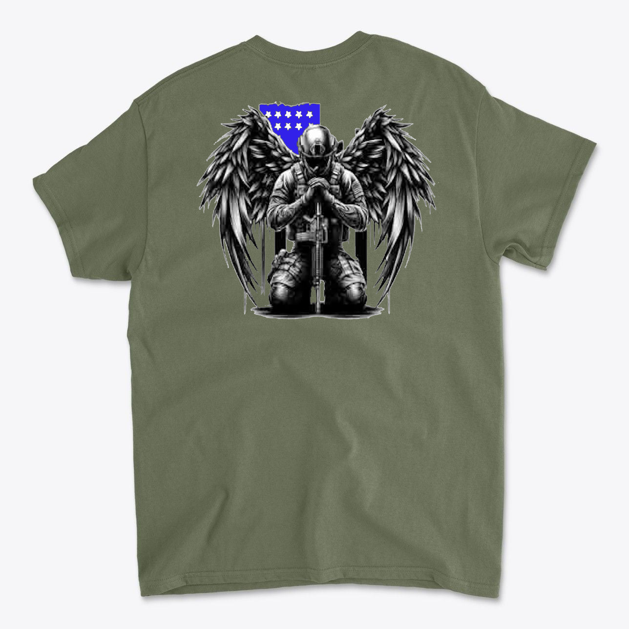 Veteran With Wings Back Art Tee featuring a soldier with wings in a kneeling position against a blue and white background.