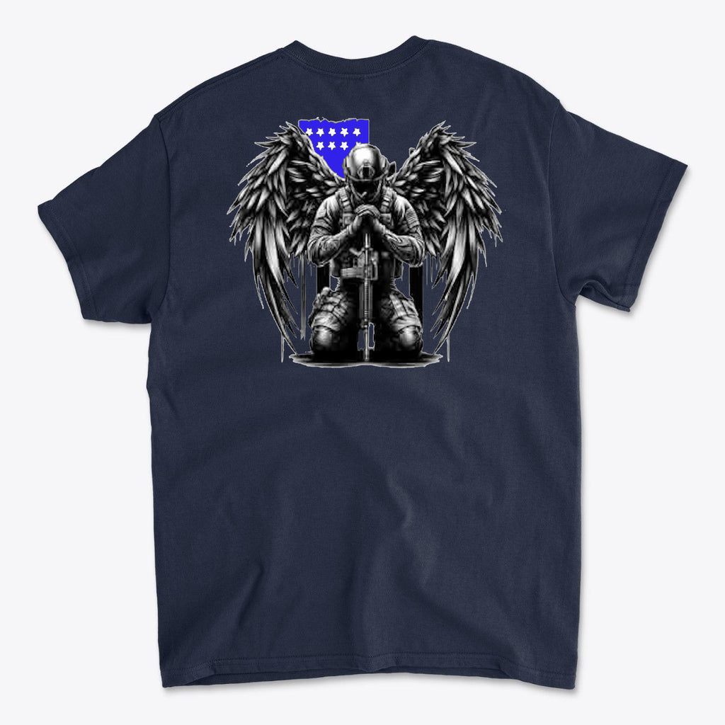 Veteran With Wings Back Art Tee featuring a soldier with wings and a blue American flag design on the back.