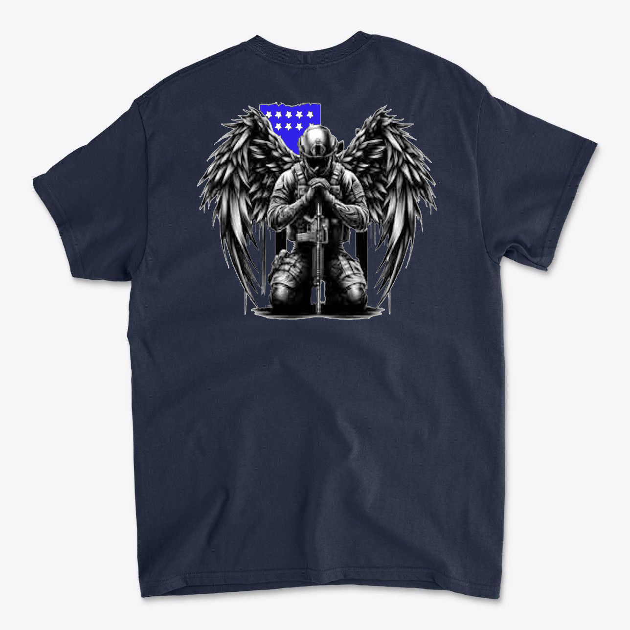 Veteran With Wings Back Art Tee featuring a soldier with wings and a blue American flag design on the back.