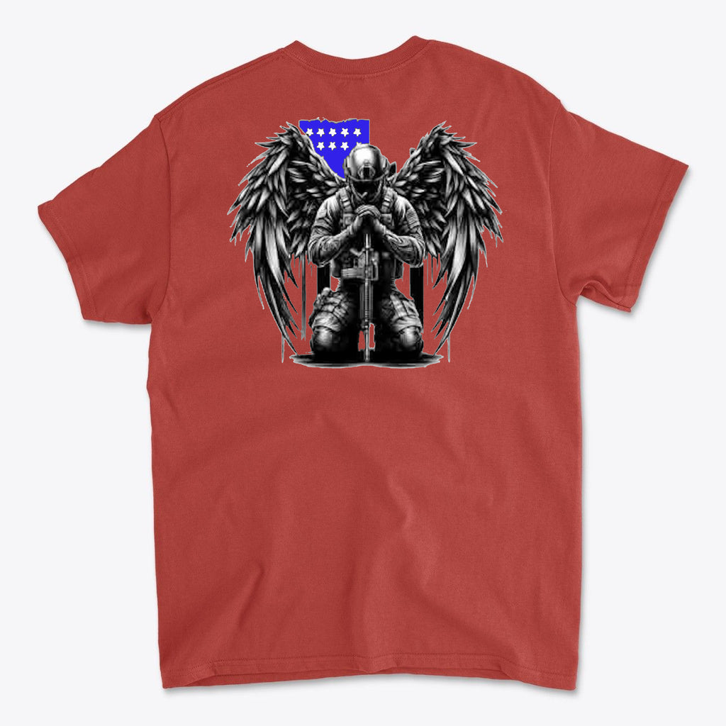 Veteran With Wings Back Art Tee featuring a soldier with wings, kneeling in front of a stylized American flag.