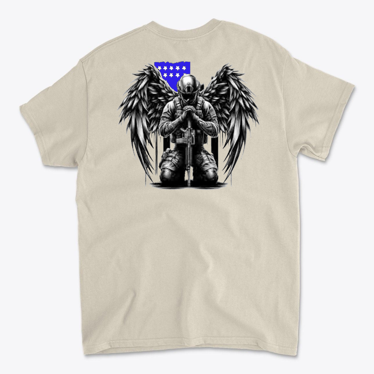 Veteran With Wings Back Art Tee featuring an illustration of a soldier with angel wings.