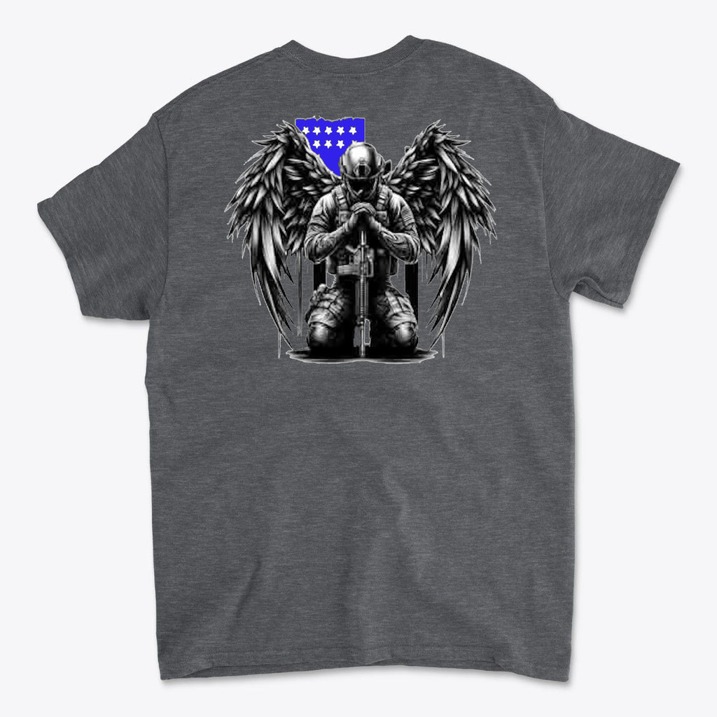 Veteran With Wings Back Art Tee featuring a soldier with wings praying on the back design.